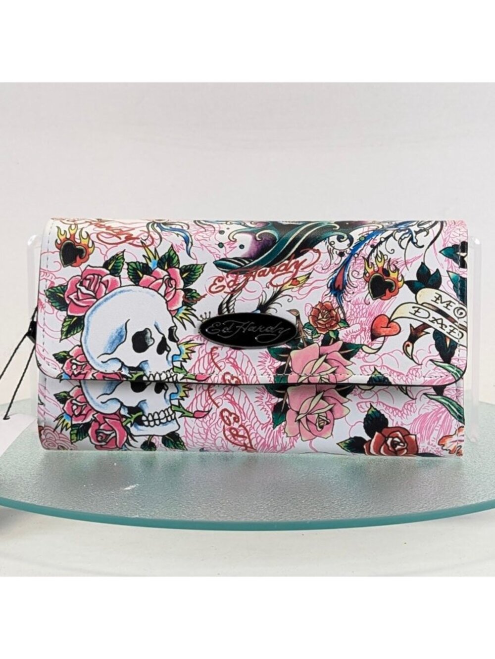 Ed Hardy Trifold Wallet Pink Vegan Leather Skull Tattoo Floral Clutch NWT